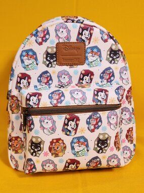 Loungefly Disney Cats Flower Portrait AOP Figaro Marie Dinah Mini Backpack NEW